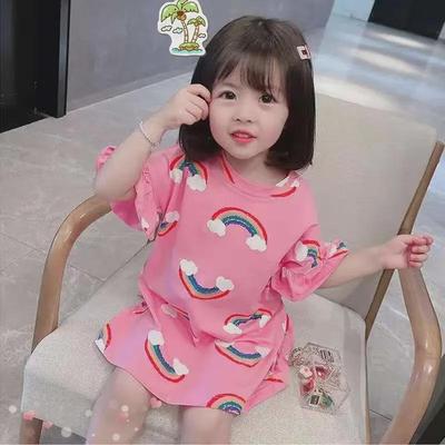 2021 Korean Rainbow T-Shirt Dress for Girls - Cute Summer Mid-Length Skirt