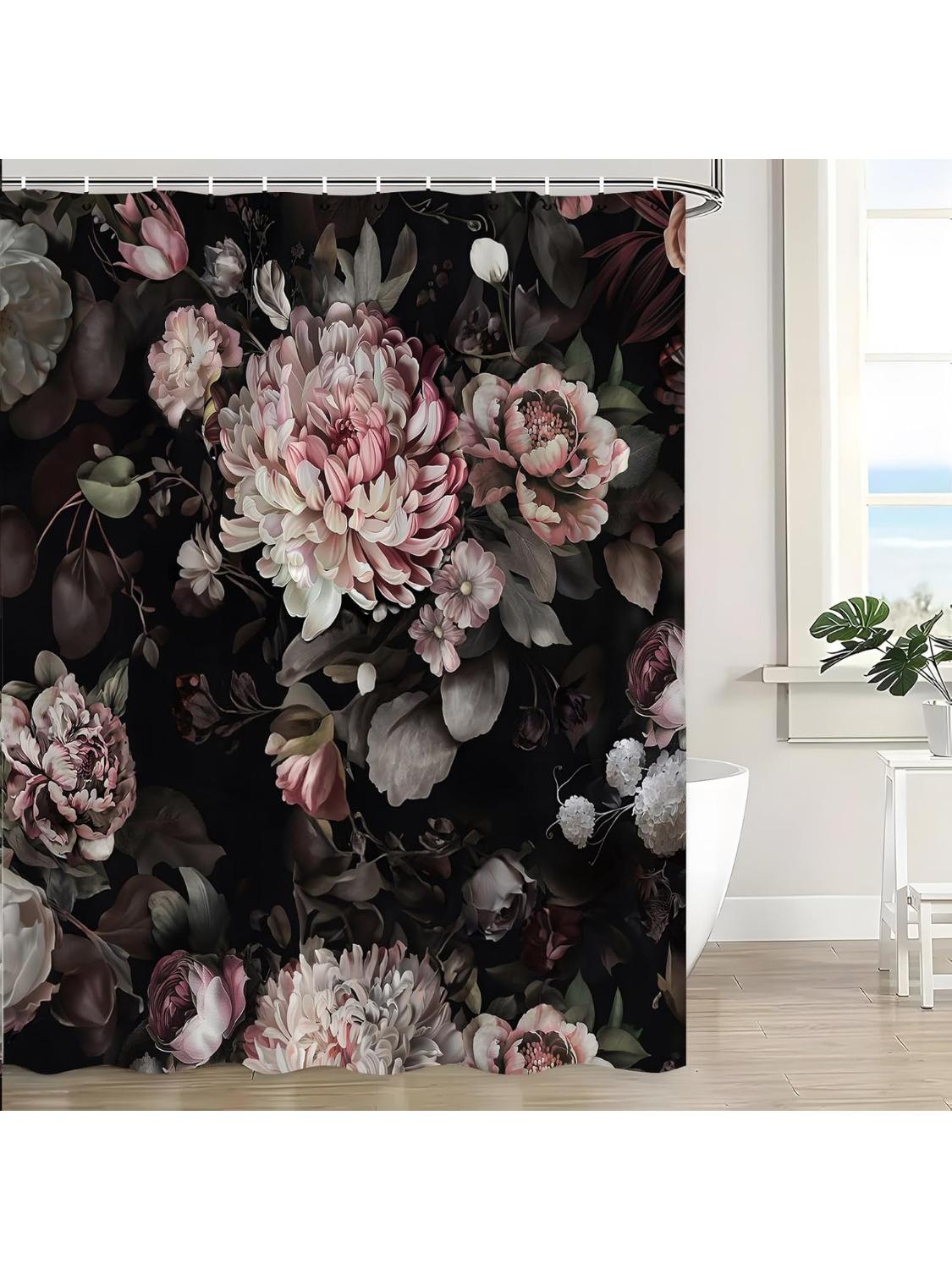 Винтажная Цветочная Шторка для Душа Черная Бохо Цветочная Акварельные Цветы Цветение Сельская Роза Пион Ботанический Современное Искусство Шторка для Ванной 90x180CM