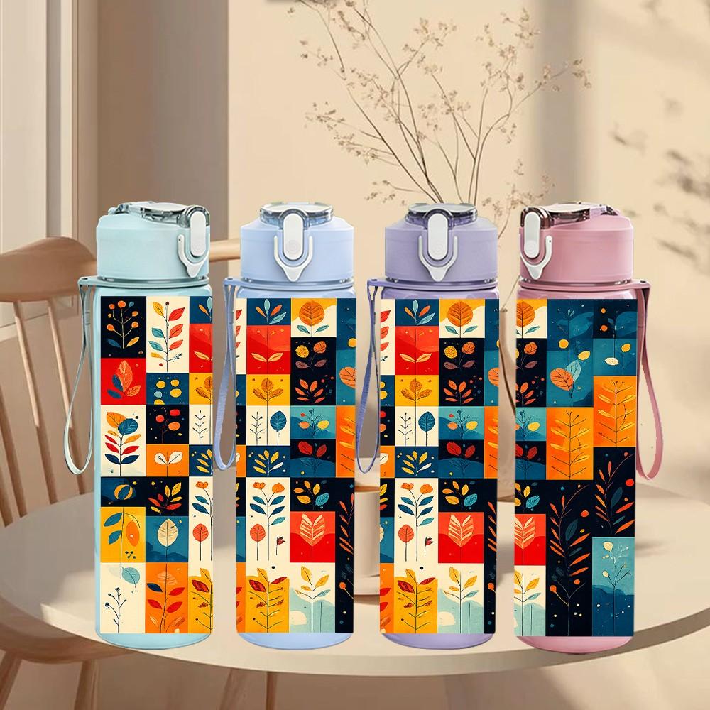 1PC Bright Geometric Patchwork Art Print 750ml Color Plastic Sports Water Bottle Leakproof Flip Straw Lid Suitable for Sports Office Home Use