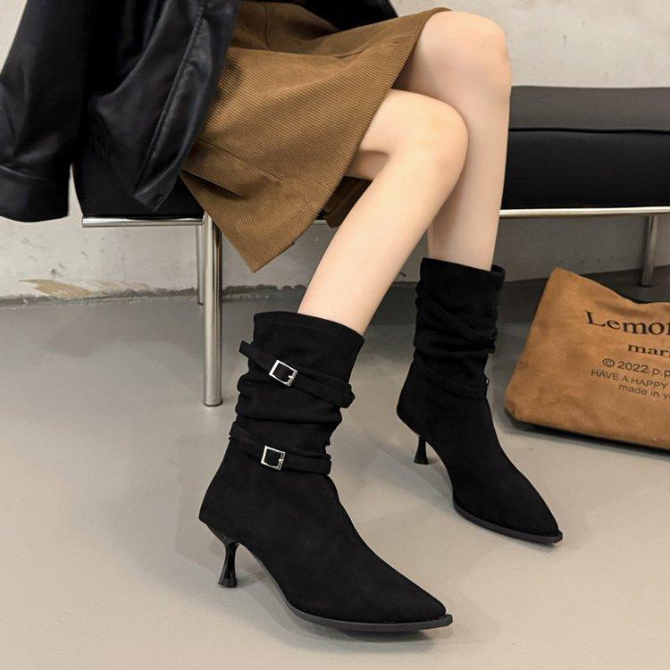 

2025 autumn and winter new French retro pointed thin heel short boots women s suede pleated pile boots high heel western boots 35