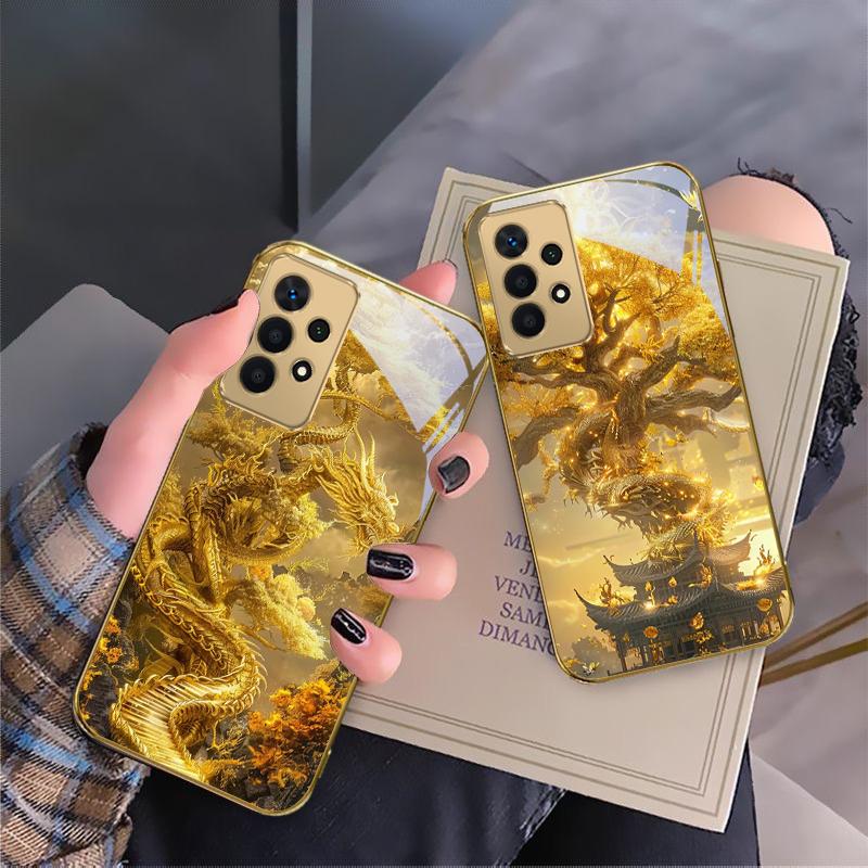 Mythical Golden Dragon For Samsung A 01 52S A04 A05S A10 A12 13 22 23 24 36 42 M02 Note 10 20Ultra 8 9 Golden glass phone case