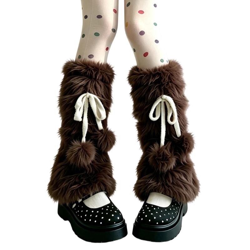 Plush Leg Warmers for Fall and Winter Layering, with Flared Lower Openings, and Bowknot Accent, Thick Faux Furs Boot Covers Long Socks for Women