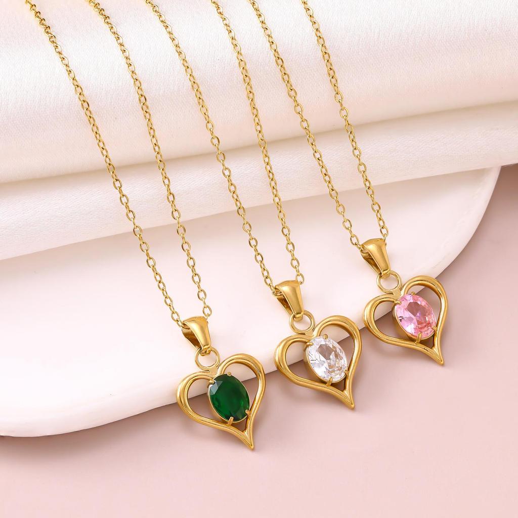 European Light Luxury Stainless Steel Heart Gemstone Necklace - Multi-color, Fashionable, Versatile Jewelry
