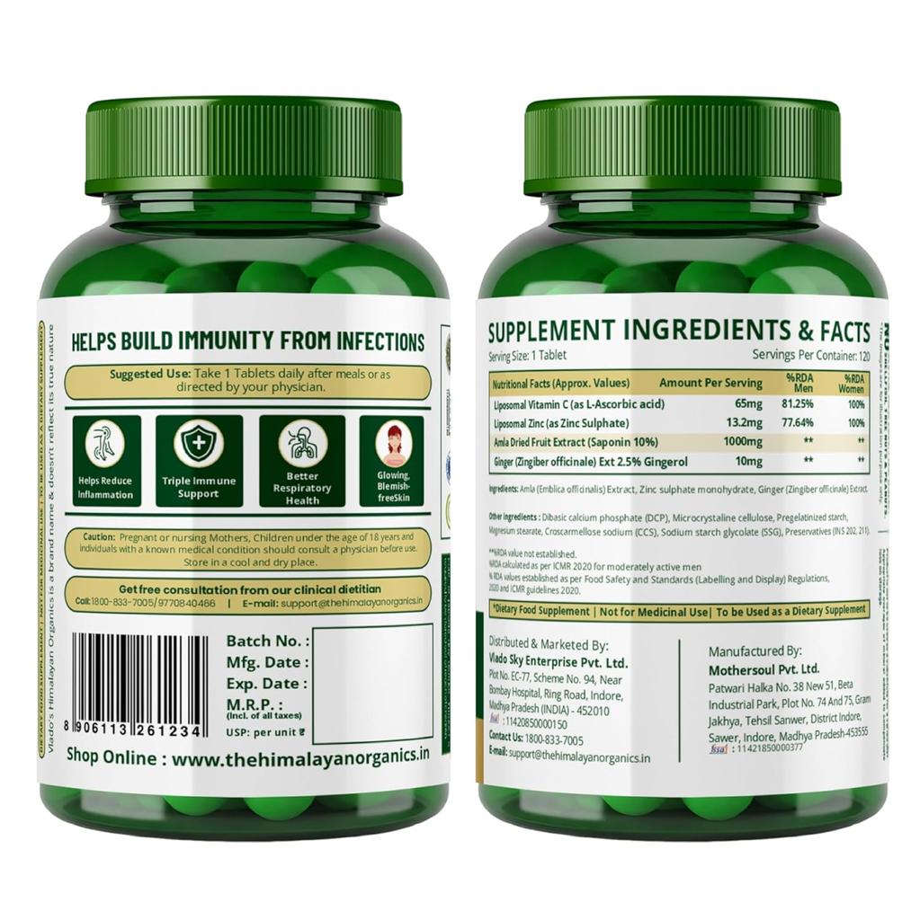 Vlado's Himalayan Organics Plantaardige Vitamine C met Zink 1000mg Supplement voor Mannen en Vrouwen voor Stralende Huid en Immuniteit 120 Plantaardige Capsules