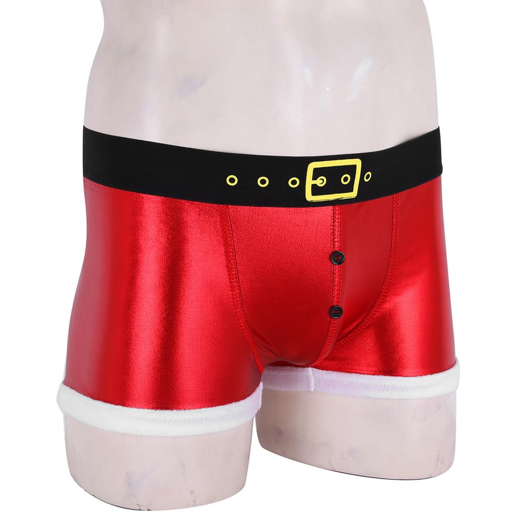 Christmas Underwear Men Red Faux Leather Belt Printed Panties Holiday Novelty Santa Claus Costume Male Sexy Tight Boxer Shorts