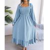 Women's Casual Color Square Neck Flared Sleeves, Large Swing Ruffle Edge Long Skirt Dress