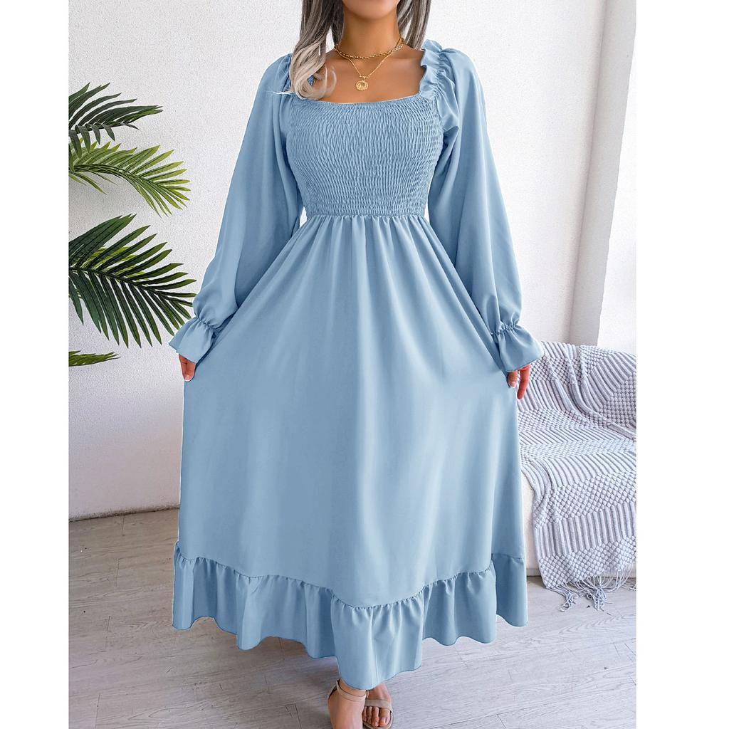 Women's Casual Color Square Neck Flared Sleeves, Large Swing Ruffle Edge Long Skirt Dress