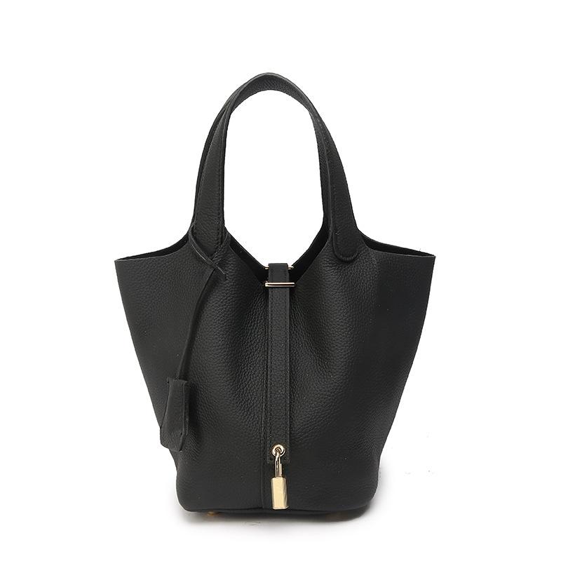 Genuine Leather Large-capacity Vegetable Basket Women's Bag High-quality and Exquisite Lychee Pattern Hand-held Bucket Bag