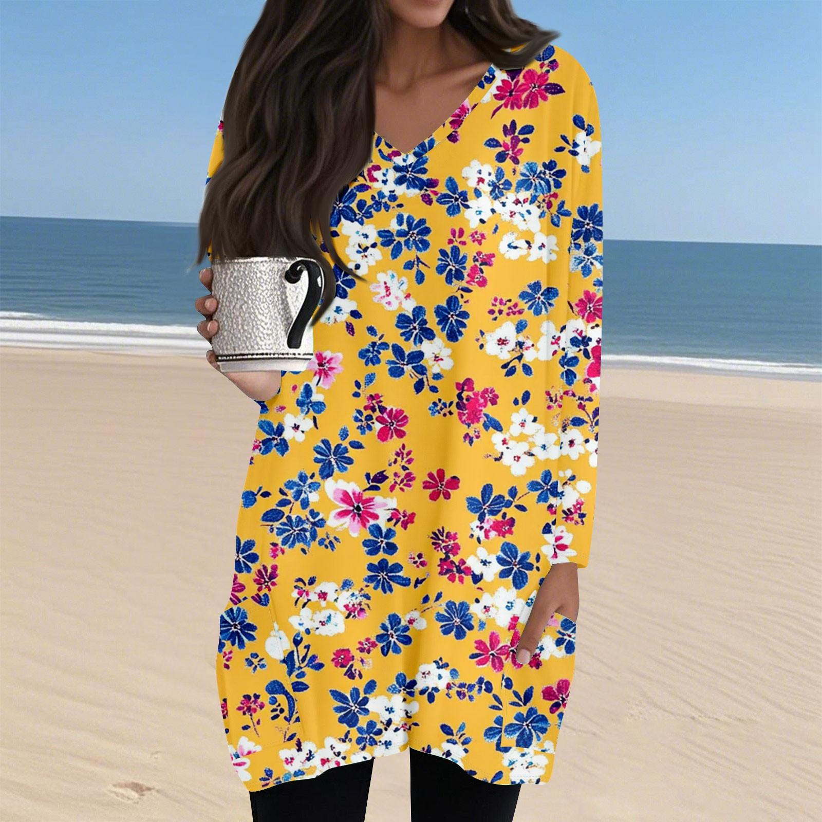 

Ladies Casual And Fashionable V-neck Floral Print Mid Length Pocket Long Sleeved Top S шафрановий