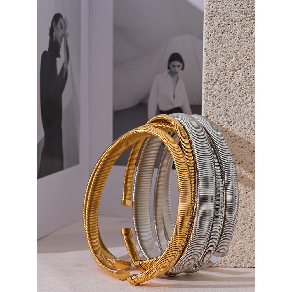 Yhpup 316l Stainless Steel Thick Elastic Torques Necklace for Women Waterproof 18K PVD Plated Texture Statement Choker Jewelry