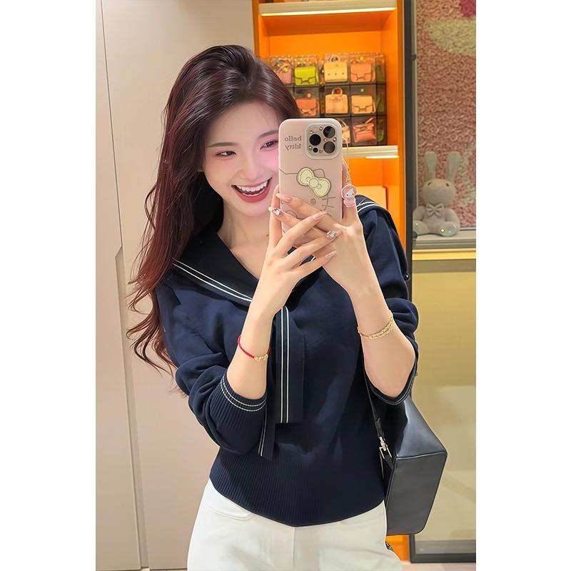 Schalriemen Dunkelblauer Kragen Unterziehoberteil Damen Herbst Temperament Dünner Strickpullover Design-Sinn Vielseitig Langarm