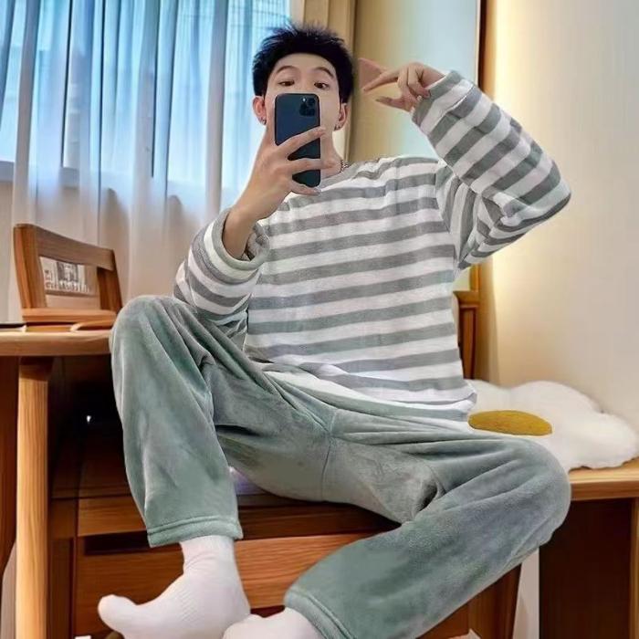 

Осенне-зимний комплект серой полосатой пижамы для мужчин, теплая мягкая ночная одежда, мужская пижама с длинными рукавами, комплект из 2 предметов, одежда для сна L