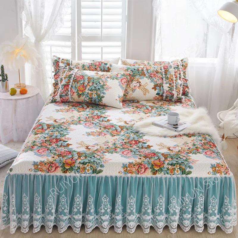 Flower Decorative Princess Lace Bed Skirt 100% Cotton-padded Thicken Bed Skirt Home Non-slip Mattress Cover Protector Bed Cover