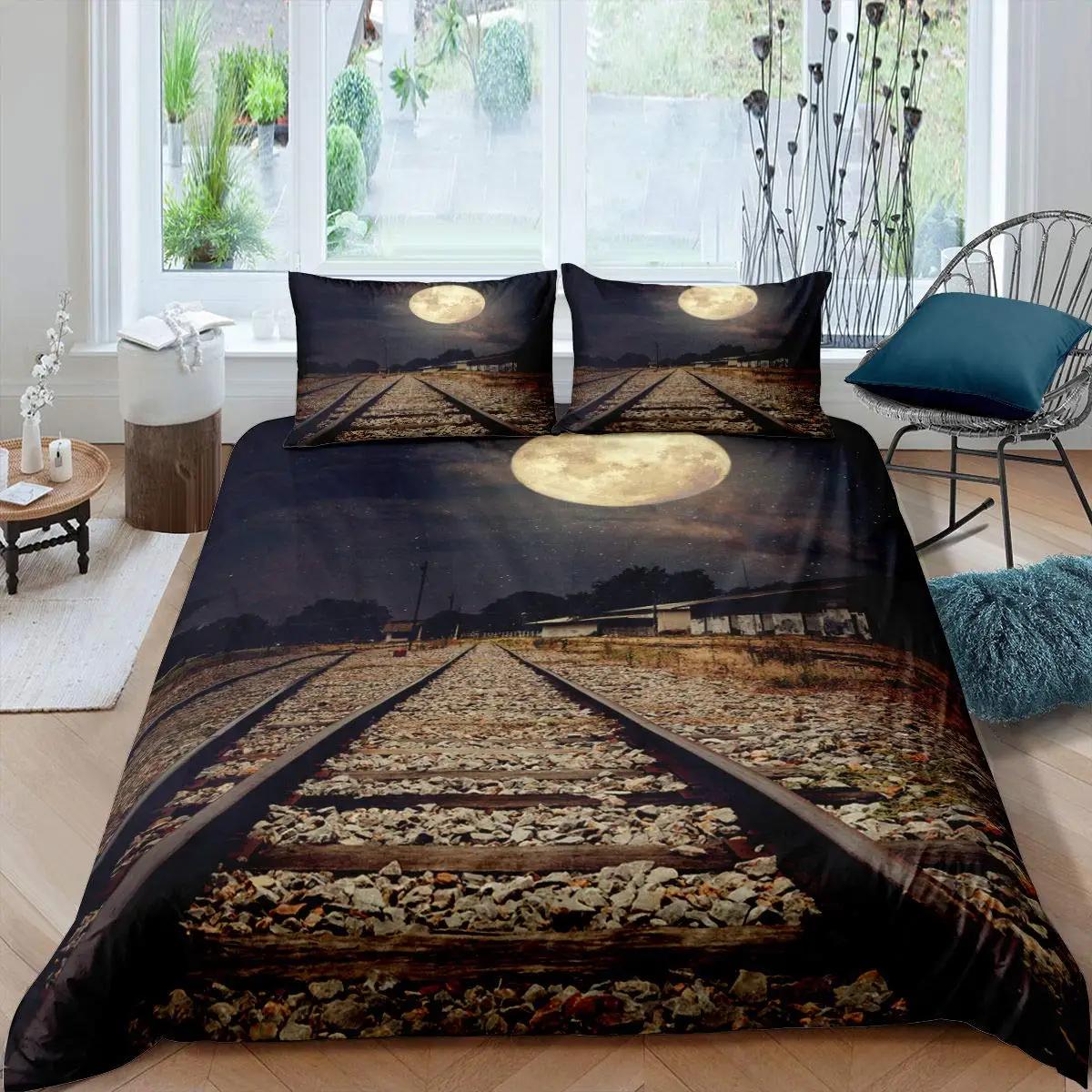 

Red Grey Steam Engine Soft Duvet Cover Locomotive Red Black Train on Stel Railway Track Travel Adventure Graphic Bedrom Decoration 120*200cm Single