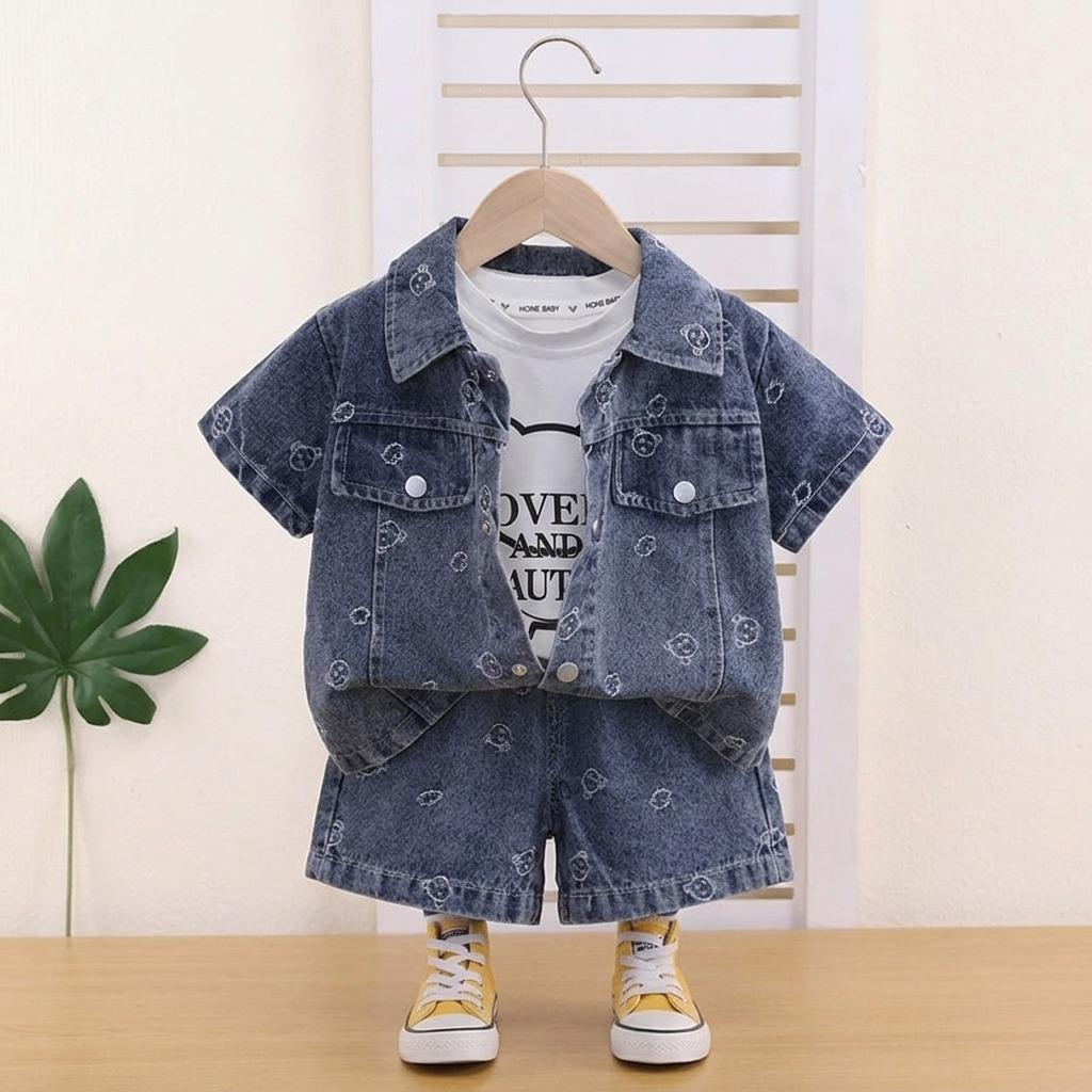 New Summer Outfit For Children: Stylish Girls' Denim Jacquard Short-Sleeve Three-Piece Set For Toddlers And Young Children