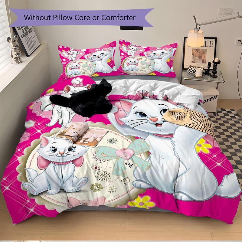Pink Floral Cats Print 3Pcs Bedding Setduvet Cover With 2 Bedropillowcase Home Birthday Gift
