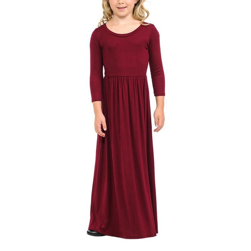 Girls Solid Color Round Neck Long Sleeved Dresses Large Hem Child Long Section Long Dress