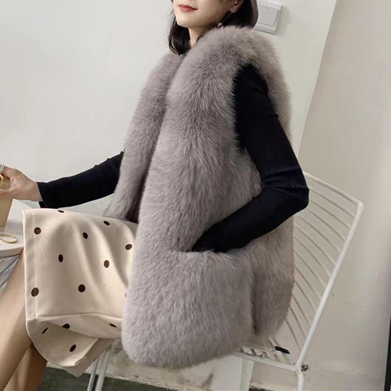 Fur vest long thin thickened wool vest autumn and winter new coat imitation fox vest simple