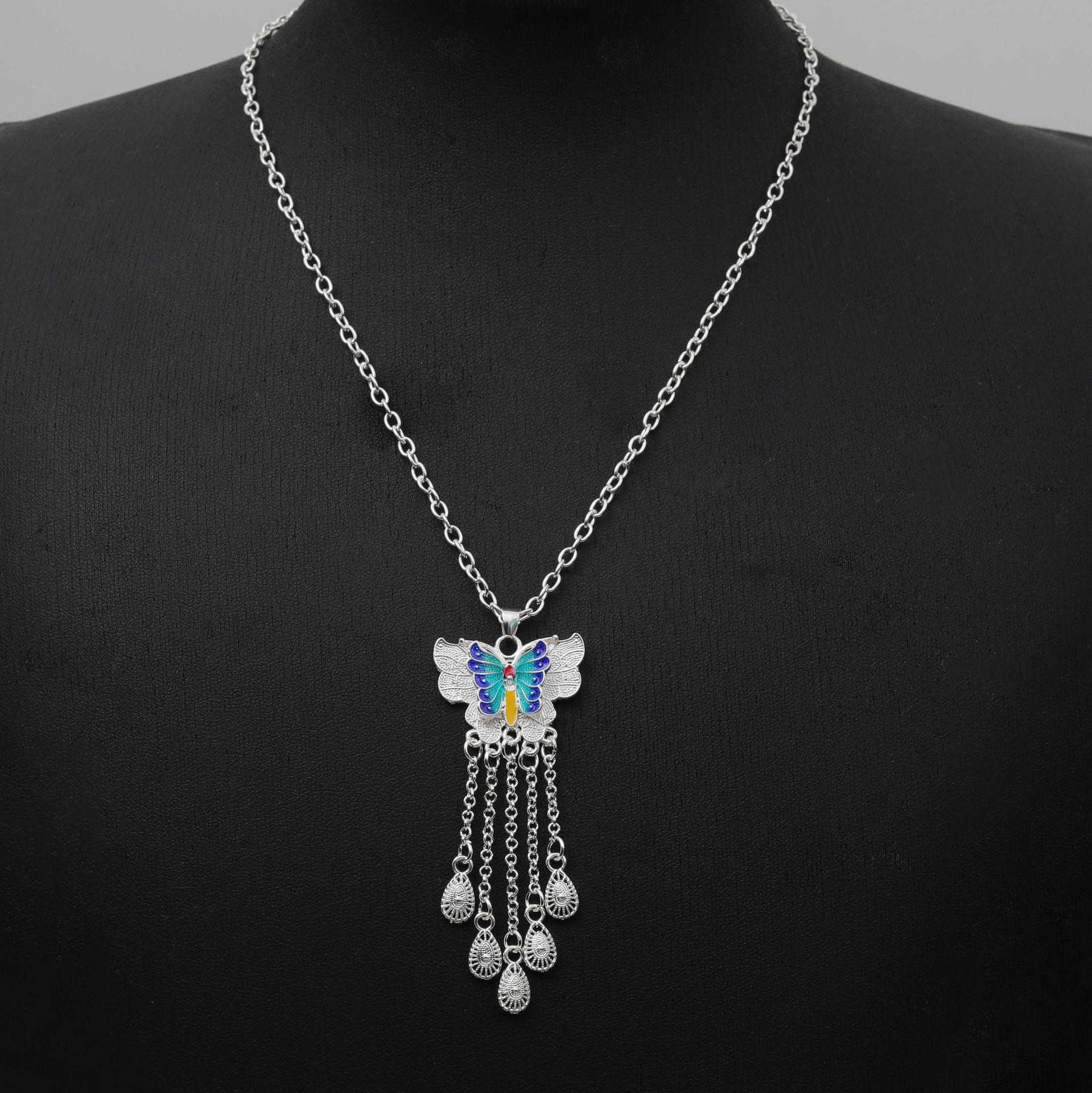 Bohemian Tassel Water Drop Earrings & Colorful Butterfly Necklace Set for Women - Ethnic Style