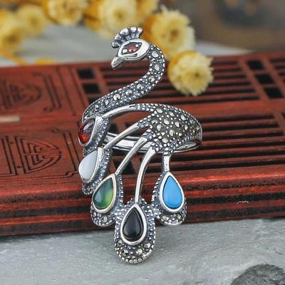 Style Ethnique Pierre Précieuse Multicolore Bague Paon Exquise Pour Femmes Vintage Exagérée Élégante Bijou Ouverture