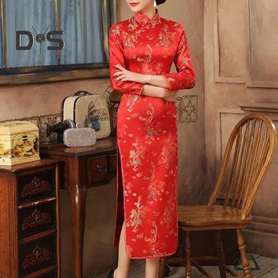 Damska klasyczna chińska sukienka w stylu chińskim Vintage kwiatowy nadruk stójka z długim rękawem boczne rozcięcie do kostek sukienka Maxi Qipao Cheongsam