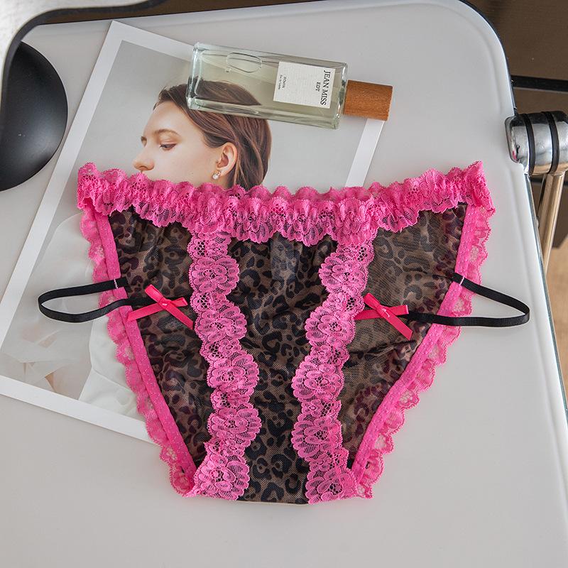 Donna Estate Sexy Puro Desiderio Stampa Leopardo Bordo in Pizzo Fiocco in Tinta Cintura Sottile Vita Bassa Slip a Triangolo