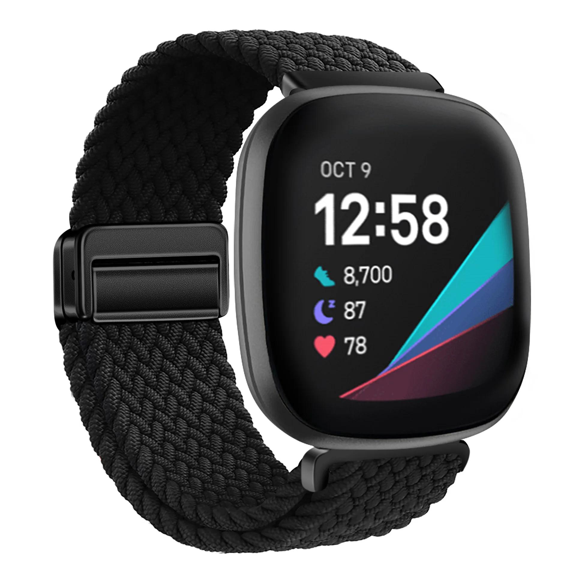 

Магнитный браслет-застежка для Fitbit Sense 2/1 Нейлоновый ремешок-петля Correa для умных часов Fitbit Versa 4 3 Дышащий ремешок на запястье For Fitbit Versa 3 чёрный