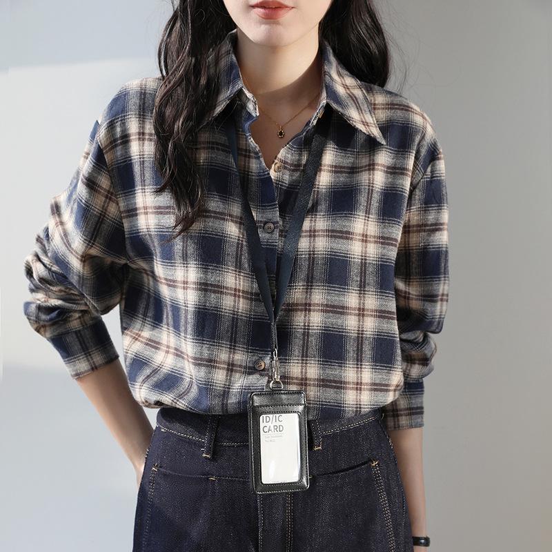 Camisa Xadrez Azul Marinho Escovado Estilo Coreano 2025 para Mulheres - Jaqueta Casual Solta de Manga Longa Outono/Inverno