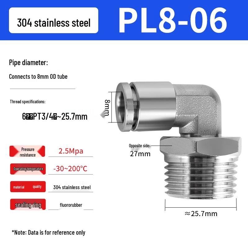 304 Stainless Steel Pneumatic Quick Push-in Connector, PC16-06/PC8-02 Swivel Elbow, PL6-M5/04