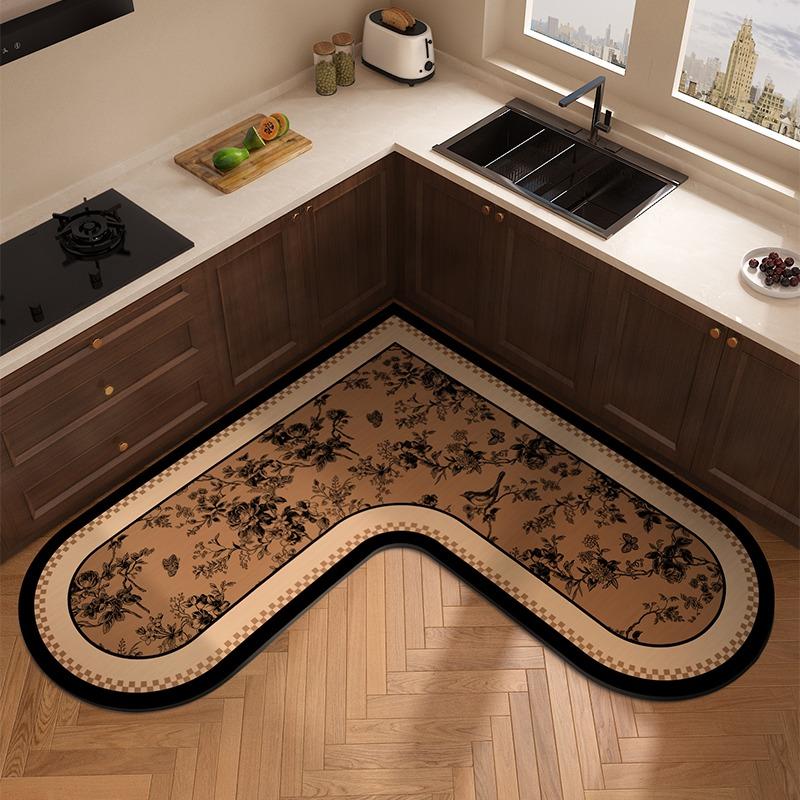 L-shaped Carpet for Kitchen Absorbent Non-slip Floor Mat Minimalist Retro Style Home Decoration Rug Oil Absorption Wipeable