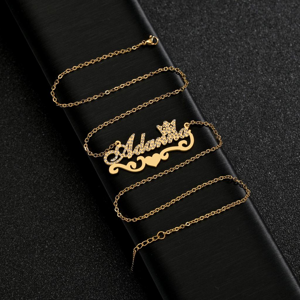 Atoztide Trendy Custom Frosted Name Letter Necklace Stainless Steel Personalized Crown Zircon Pendant for Women Jewelry Gift