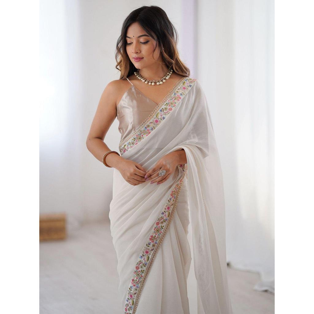 Elegant White Party Wear Georgette Saree with Embroidered Lace Border
