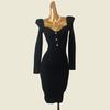 Classy French Sweet Silm Sexy Peach Collar Dress Foreign Trade Original Order Autumn Black Long Sleeves Bodycon Dress