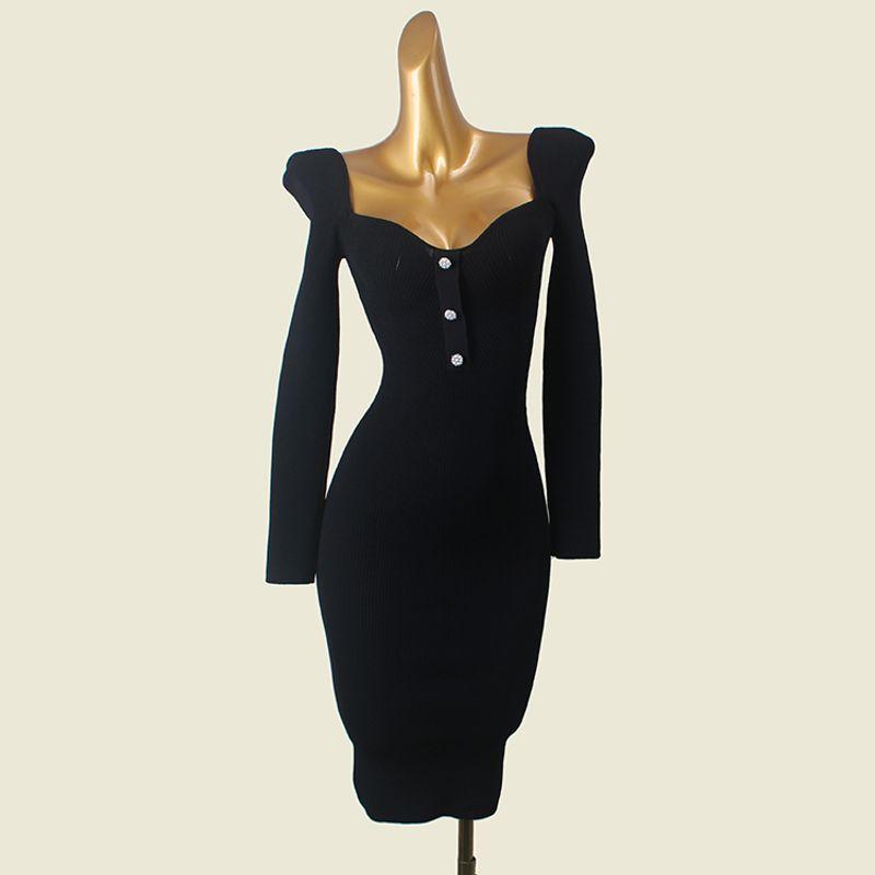 Classy French Sweet Silm Sexy Peach Collar Dress Foreign Trade Original Order Autumn Black Long Sleeves Bodycon Dress