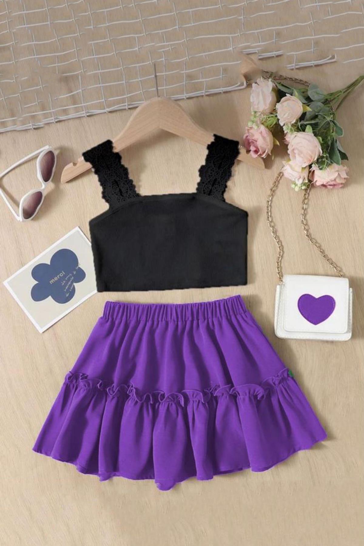 

Костюм фиолетовой юбки с кружевной вышивкой на бретельках и рюшами для девочек 2-12 лет