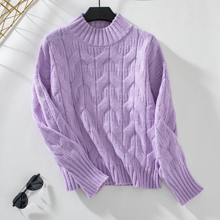 

Loose Pullover Solid Color Knitwear Vintage Long Sleeve Sweater Top Autumn Winter Stand Collar XL фіолетовий