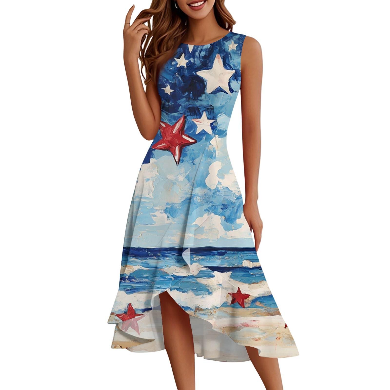 

Women s Fashion Casual Zipper Sleeveless Round Neck Independence Day Elegant Temperament Ruffle Dresses Dresses L