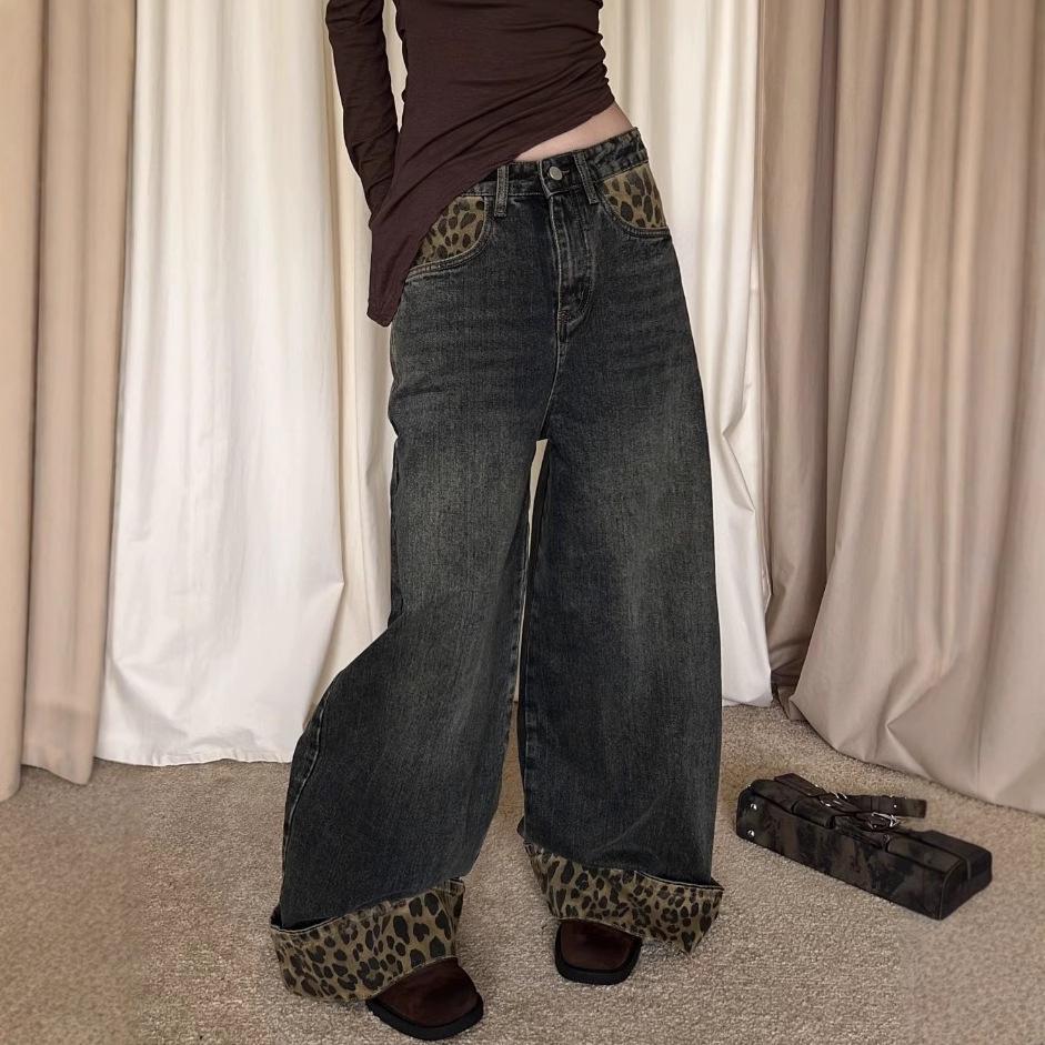 Y2K Leopard Print Patchwork Wide-Leg Jeans for Women - Trendy and Versatile