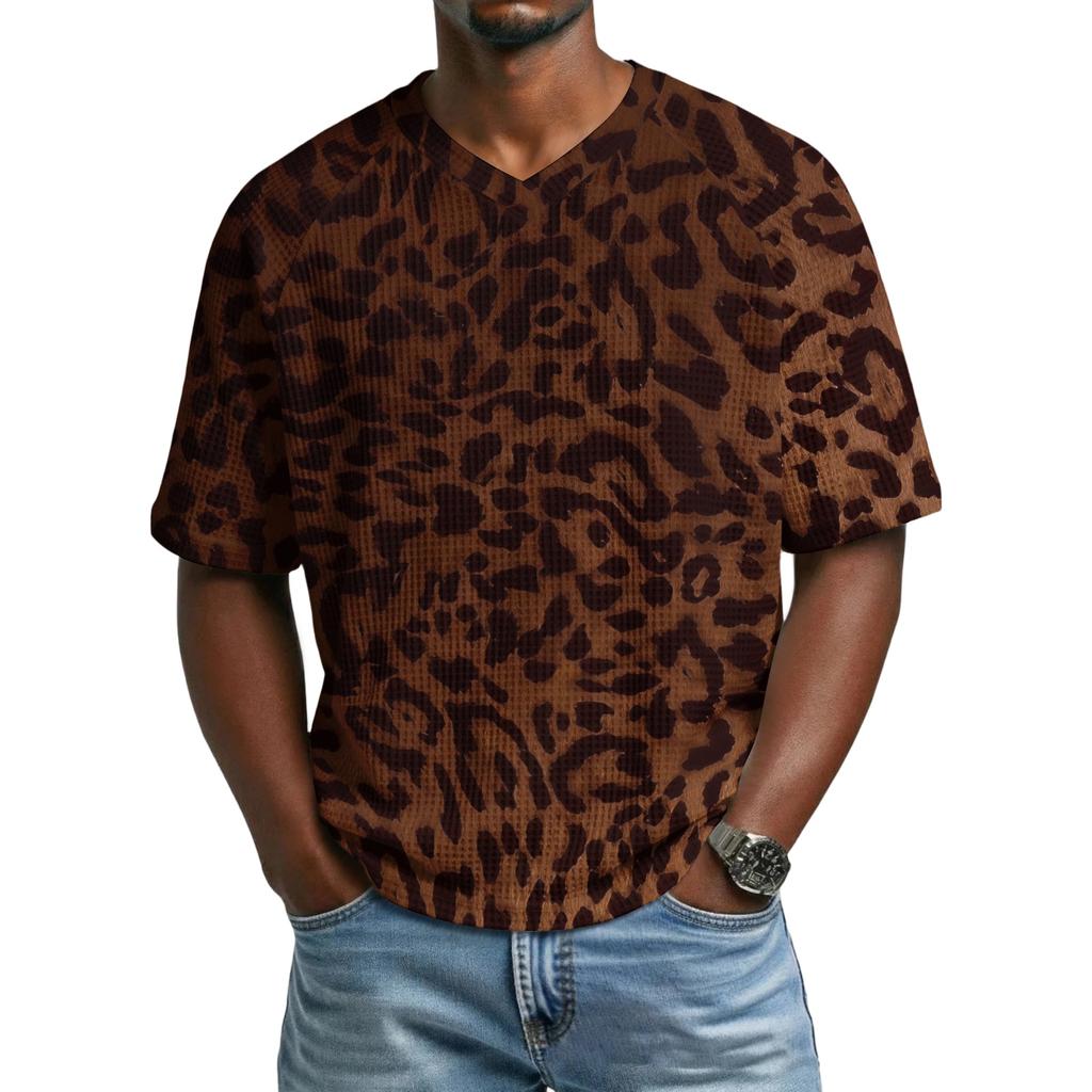 Herren T-Shirt mit Leopardenmuster, Atmungsaktives V-Ausschnitt Kurzarm Oberteil für Herren, Lässiges Mode Sommer T-Shirt