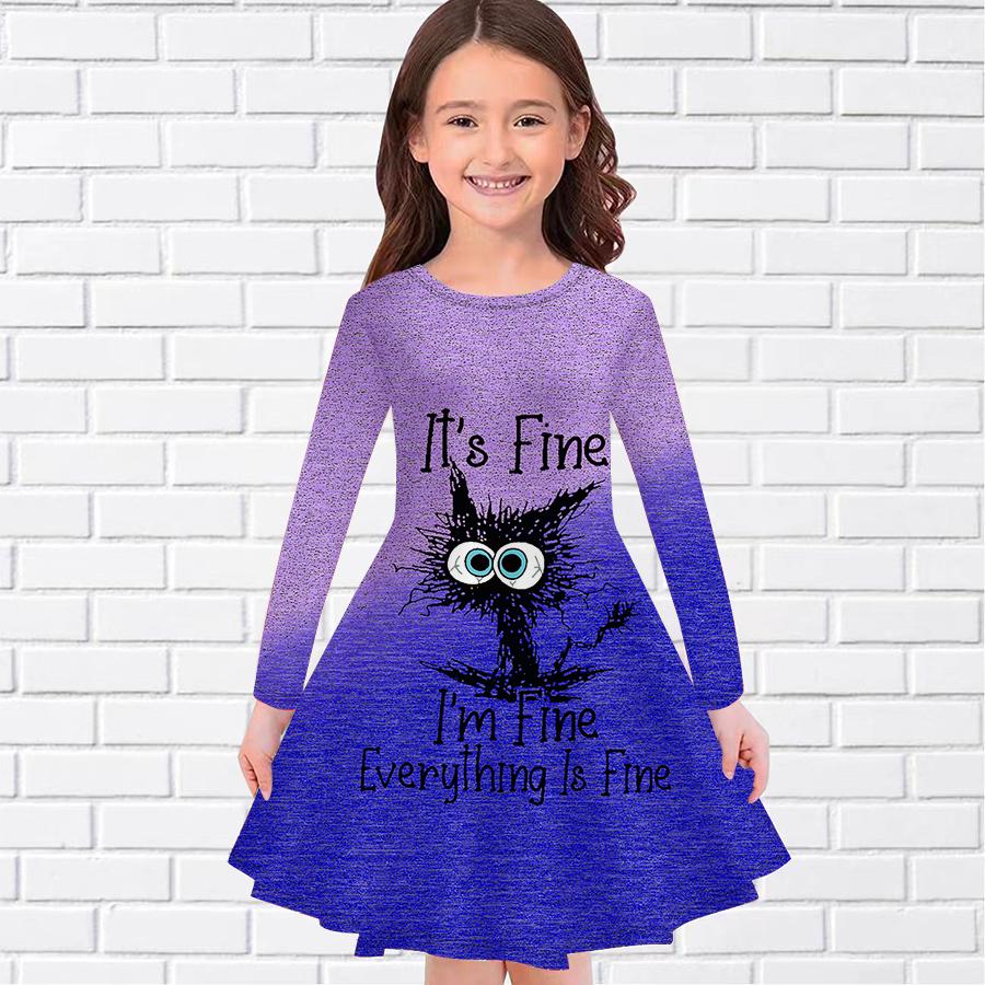 Girl Casual Gradient English Cat Print Round Neck Long Sleeve Dress Kid Princess Dress
