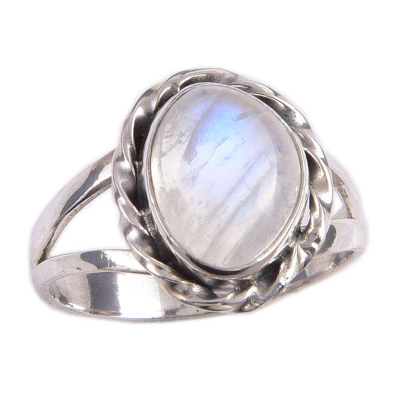 Natürlicher Regenbogen Mondstein Edelstein Handarbeit 925 Massiv Silber Geschenk Ring S.7 J3p60