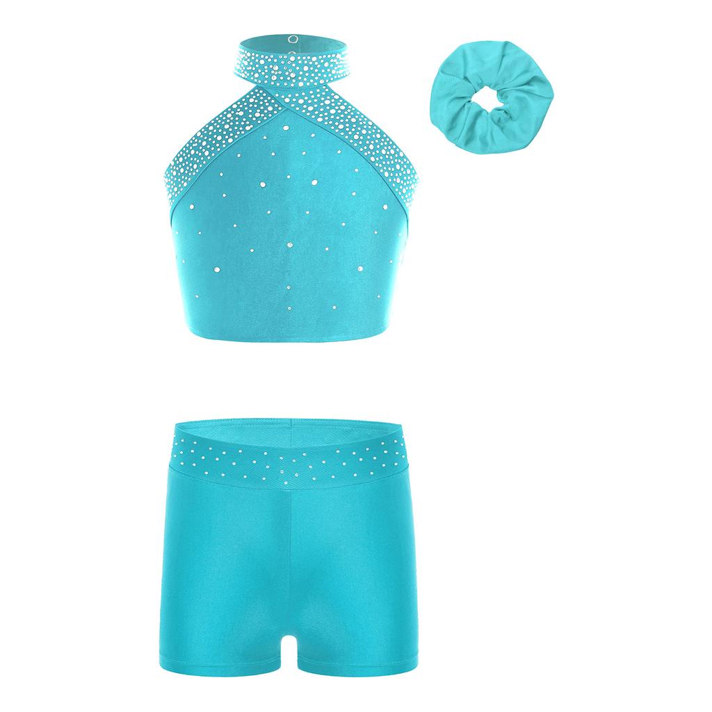 Mädchen Eiskunstlauf Kostüm Neckholder Ärmellos Rückenfrei Weste Strass Shorts Haarreif