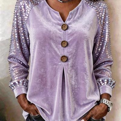 Damen Samtbluse Pailletten Langarm V-Ausschnitt Knopfleiste Oberteil Lässig Elegant Partyhemd
