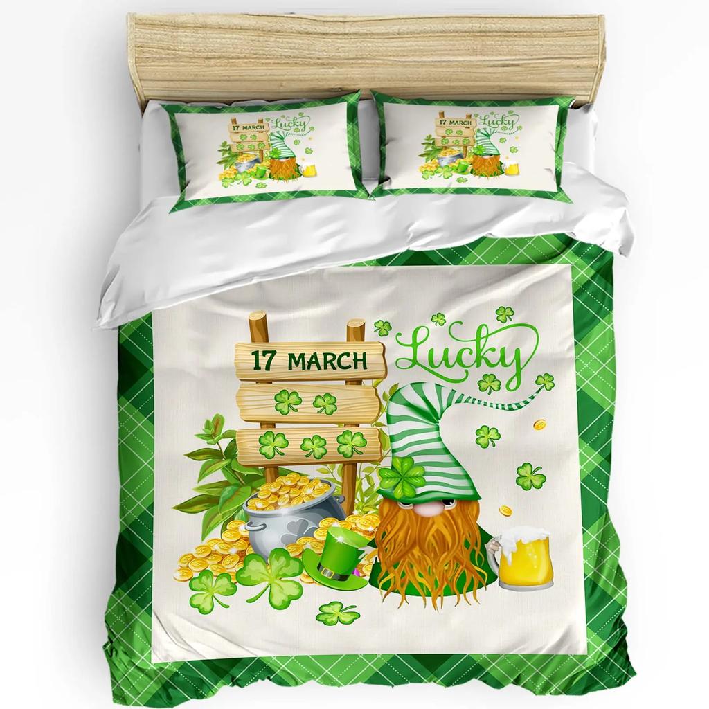 St. Patrick'S Day King Queen Bedding Set Lucky Shamrocks Duvet Cover Irish Clover Celebration Day Party Polyester Quilt Cover