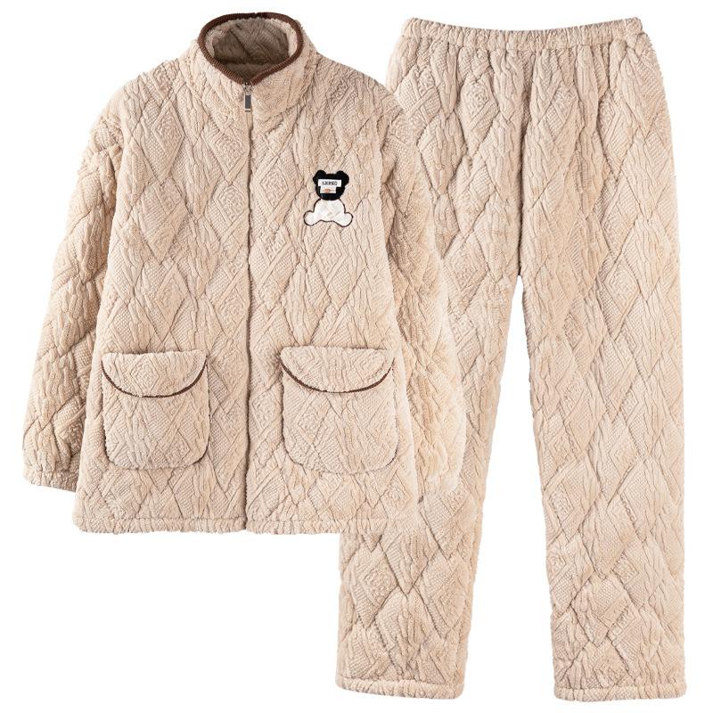 Paar Schlafanzüge Winter Damen Korallenfleece Herren Winterfleece Verdickt Dreilagig Gepolsterte Jacke Rollkragen Loungewear Set
