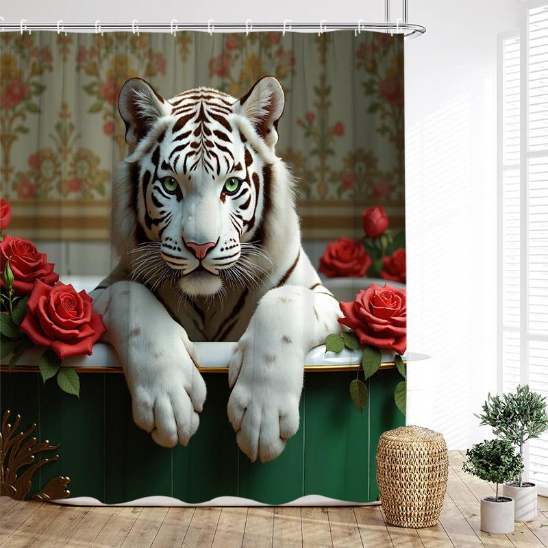 

Tropical Jungle Leopard Shower Curtains Wild Animals Floral Green Plants Modern Fabric Home Bathroom Curtain Decor With Hooks W60H190(CM)-1 Pcs