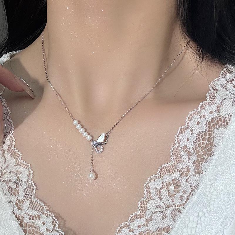 S925 Sterling Silver Collarbone Necklace Link Chain for Girls Summer Shell Pearl Moissanite Pendant Light Luxury Style