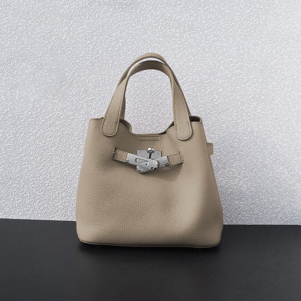 Top layer cowhide handbag genuine leather lychee pattern vegetable basket bag simple and lightweight versatile shoulder bag women's bag