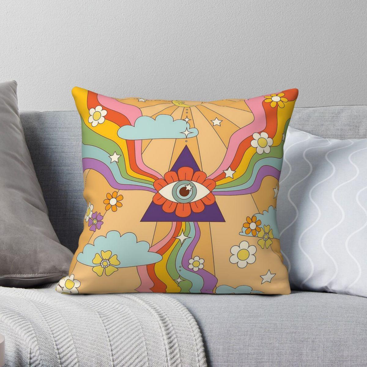 Lu Xika Chen Unisex Retro Hippie Boho Rainbow Square Pillowcase Polyester Linen Velvet Creative Zip Decor Throw Pillow Case Sofa Seater Cushion 18