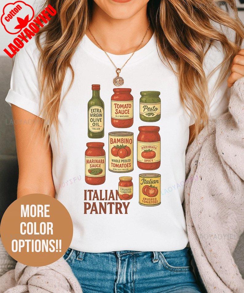 Mens Interesting Italian Vintage Pantry Food Gift New Summer Shortsleeved Roundneck Shirt Launched Cotton Printed Top Summer